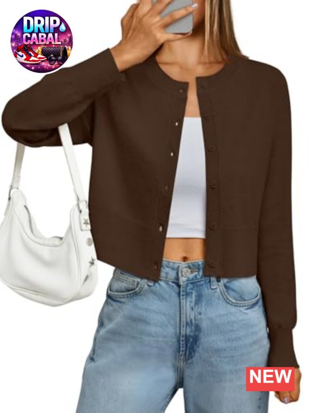 Cropped Lightweight Cardigan Sweater Long Sleeve Button Crew Neck